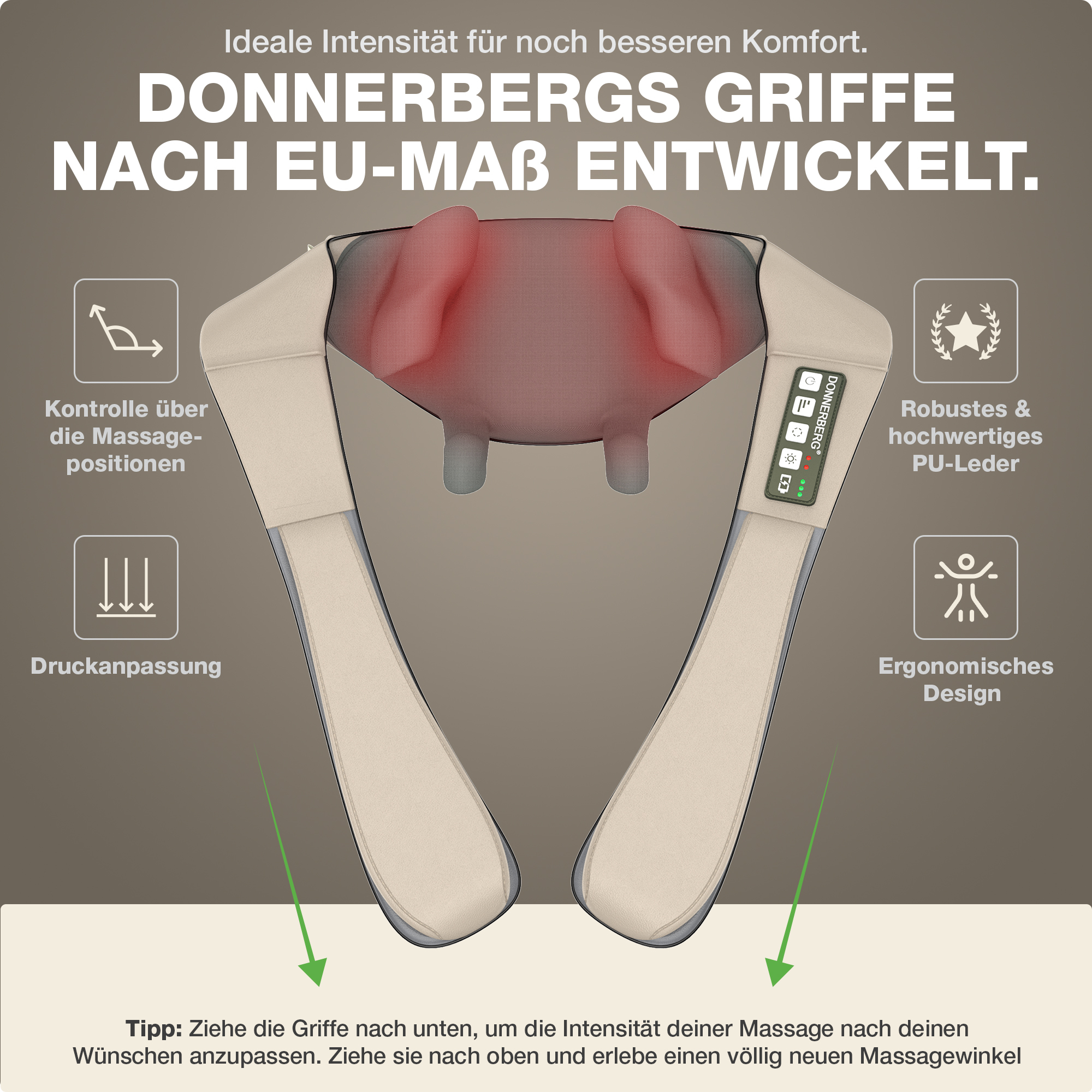 Beiges Massagegerät mit rotem Heizbereich und Bedienelementen, mit Textbeschriftungen.