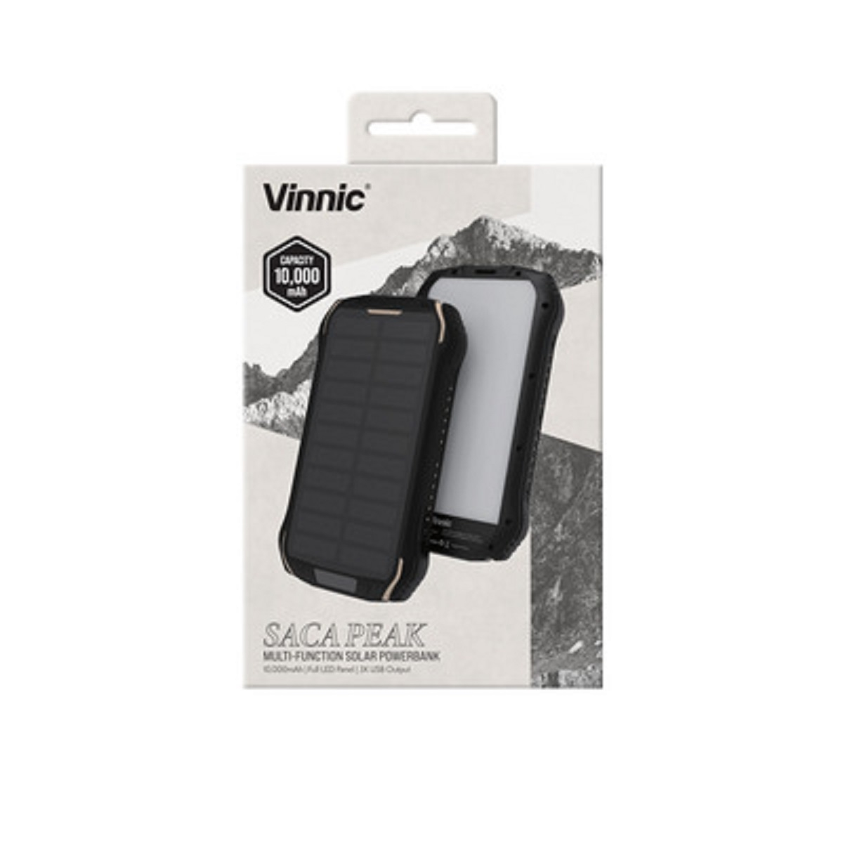 Boîte blanche avec une batterie externe à panneau solaire noir et ses détails écrits.