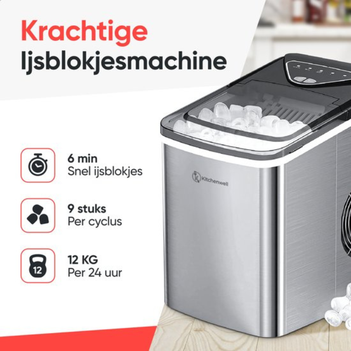 Promotieafbeelding voor een ijsmachine, die de snelheid en capaciteit voor het maken van ijs benadrukt.