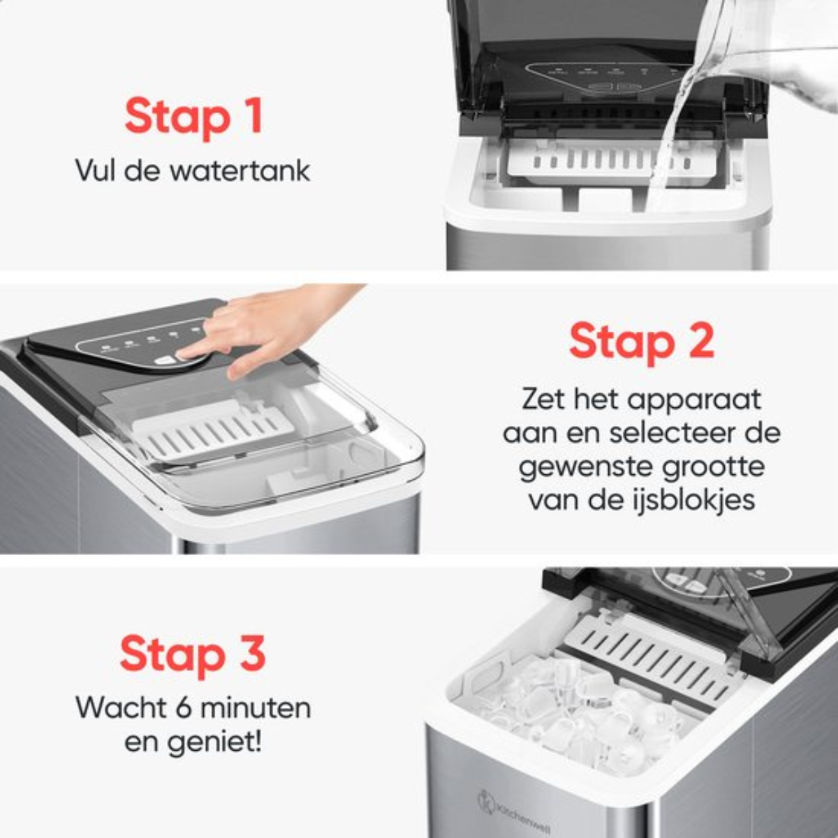 De afbeelding toont stappen om de watertank te vullen, de machine te starten en in 6 minuten van ijsblokjes te genieten.