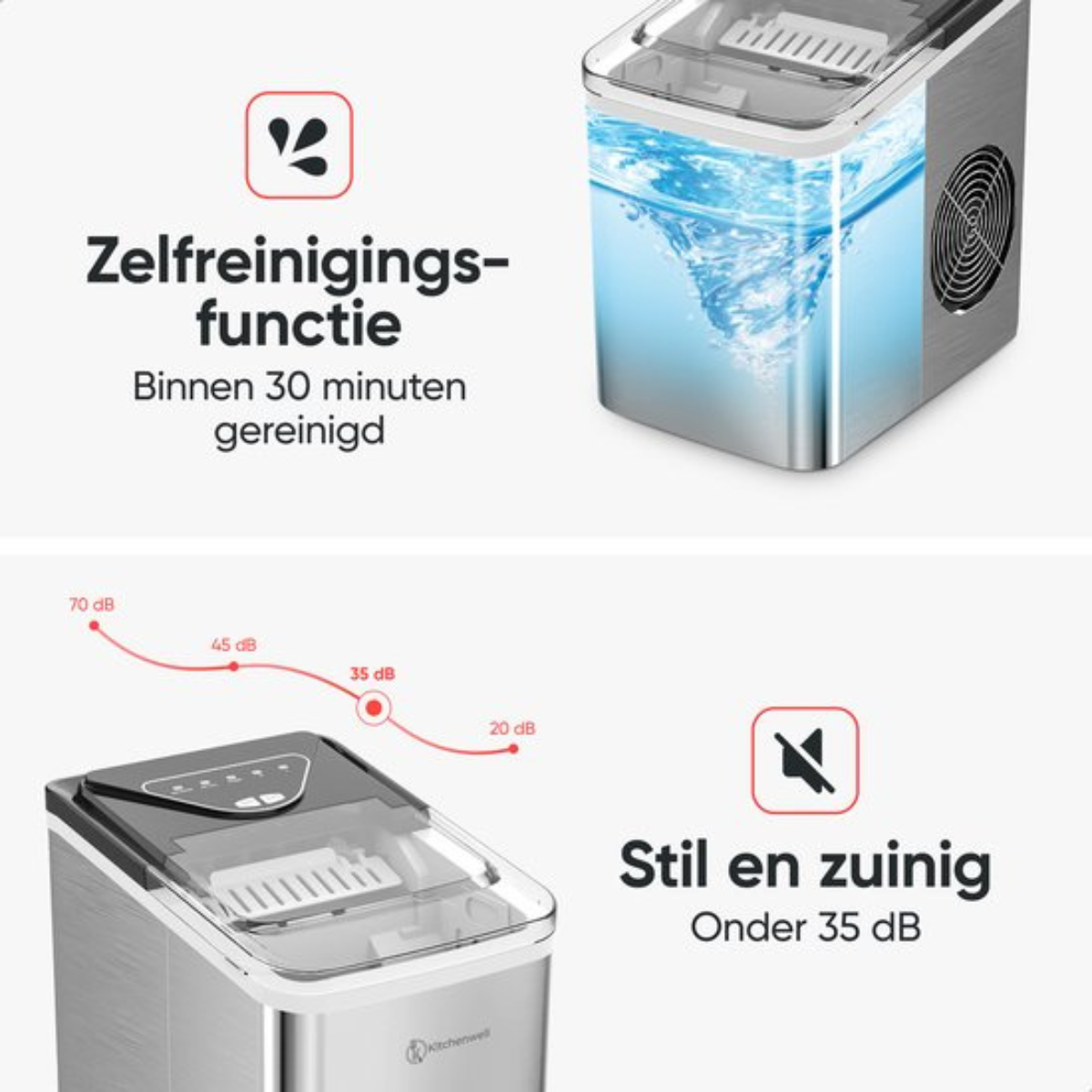 Afbeelding toont zelfreinigende functie, stille werking onder 35 dB en een ijsmachine.