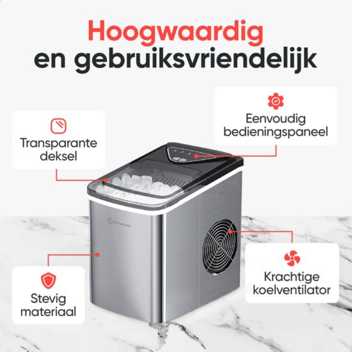 Een ijsmachine met een transparante deksel, gebruiksvriendelijk paneel, stevig materiaal en een koelventilator.