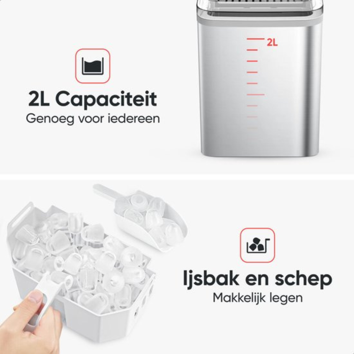 Afbeelding toont een ijsmachine met een capaciteit van 2L, een ijsmand en een schep. Een hand houdt een schep vast.