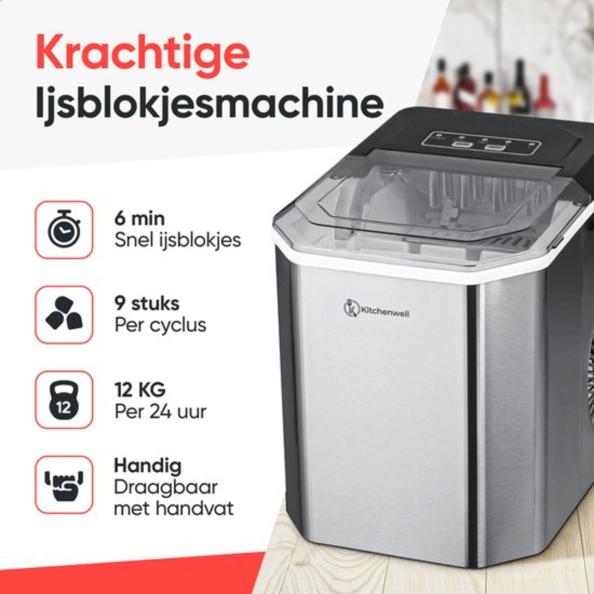 Een ijsmachine met tekst die het beschrijft. Toont de kenmerken en het logo.