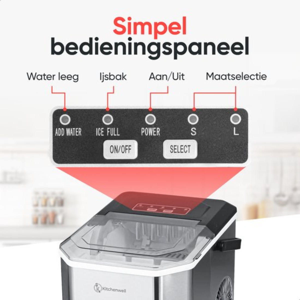 Een bedieningspaneel van een ijsmachine met gelabelde knoppen: water toevoegen, ijs vol, aan/uit en selecteer grootte.