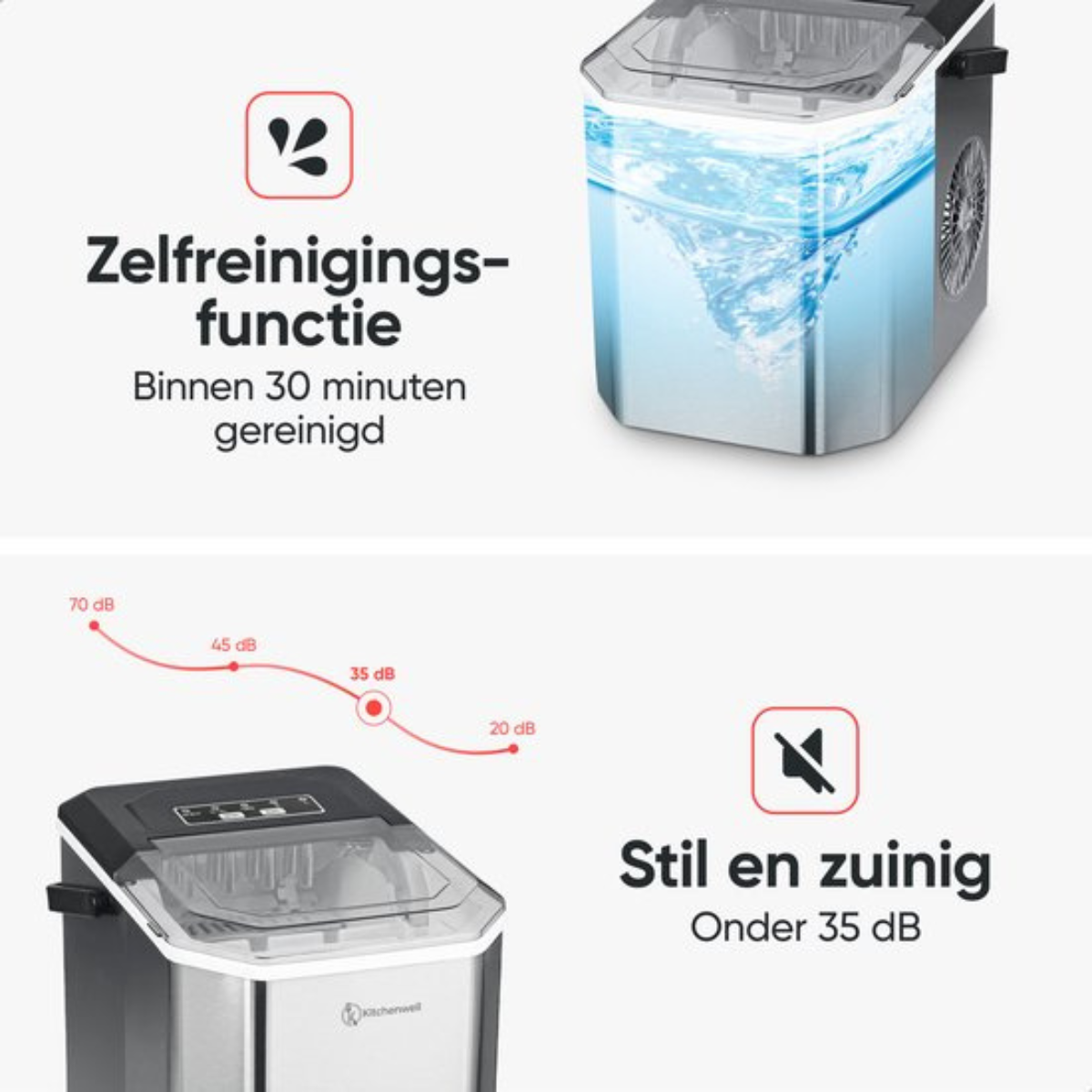 Een ijsmachine die zelfreiniging toont, reiniging in 30 minuten, en stil en zuinig is.