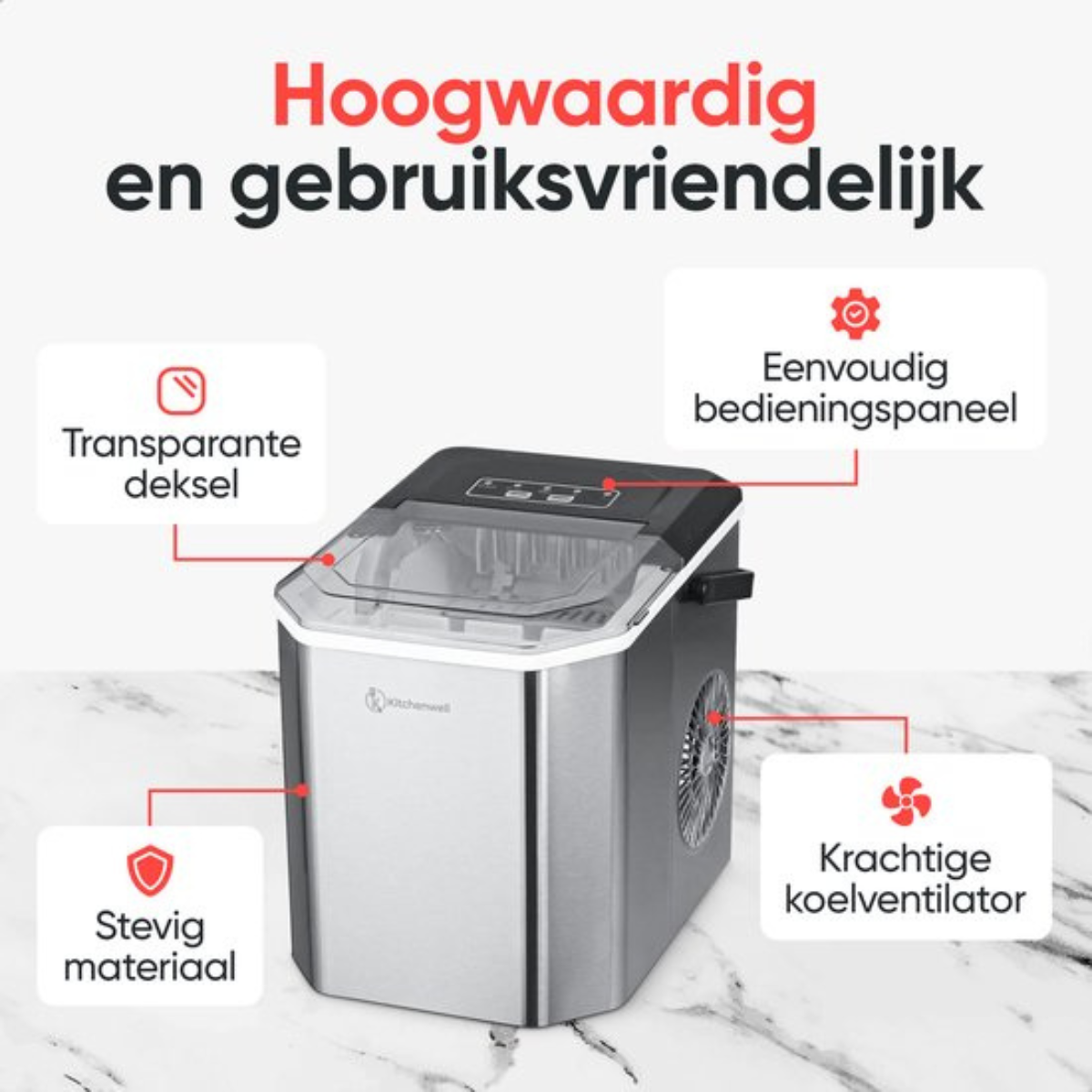 Een ijsmachine die kenmerken benadrukt: transparant deksel, stevig materiaal, eenvoudig bedieningspaneel en koelventilator.
