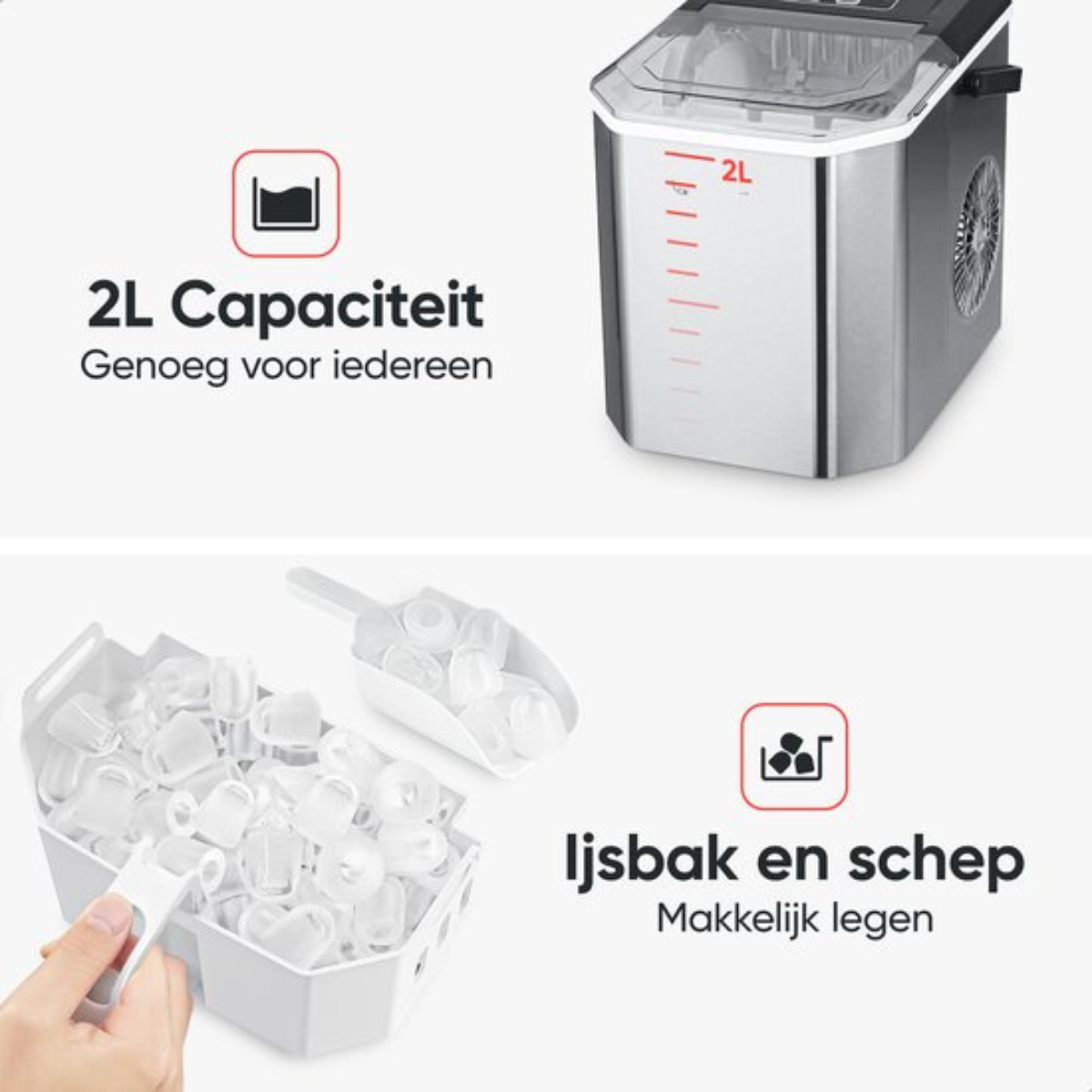 Een ijsmachine met 2L capaciteit en een emmer met ijs en een schep. Tekst zegt: 2L capaciteit, genoeg voor iedereen.