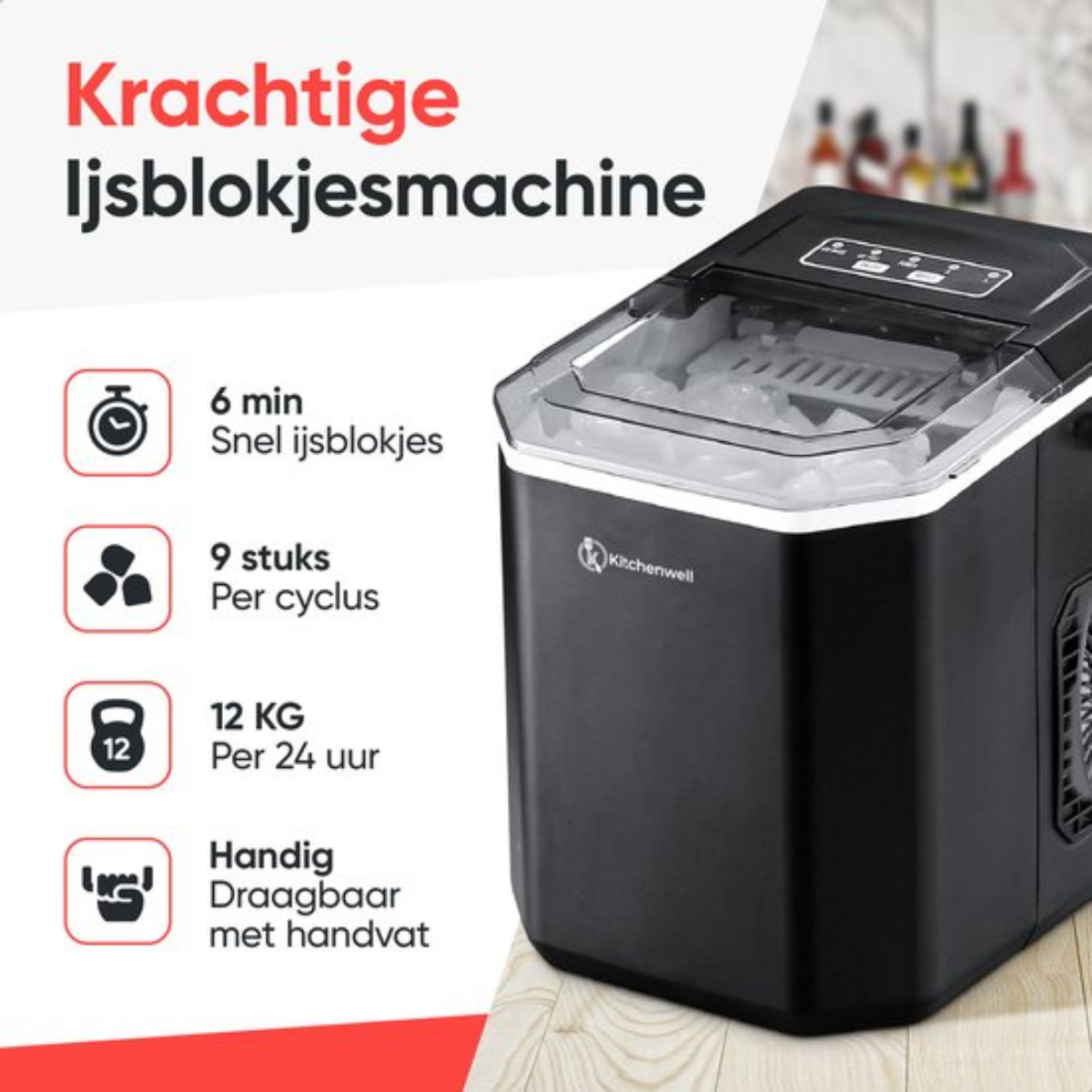 Een ijsmachine met tekst die het beschrijft. Toont de kenmerken en het logo.