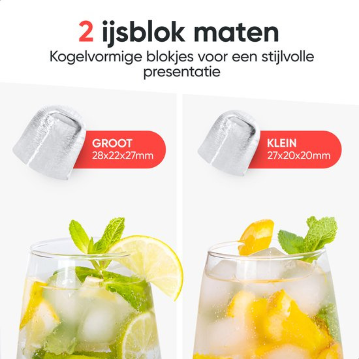 Afbeelding van twee glazen met ijs en drankjes, twee voorbeelden van ijsblokjesformaten.