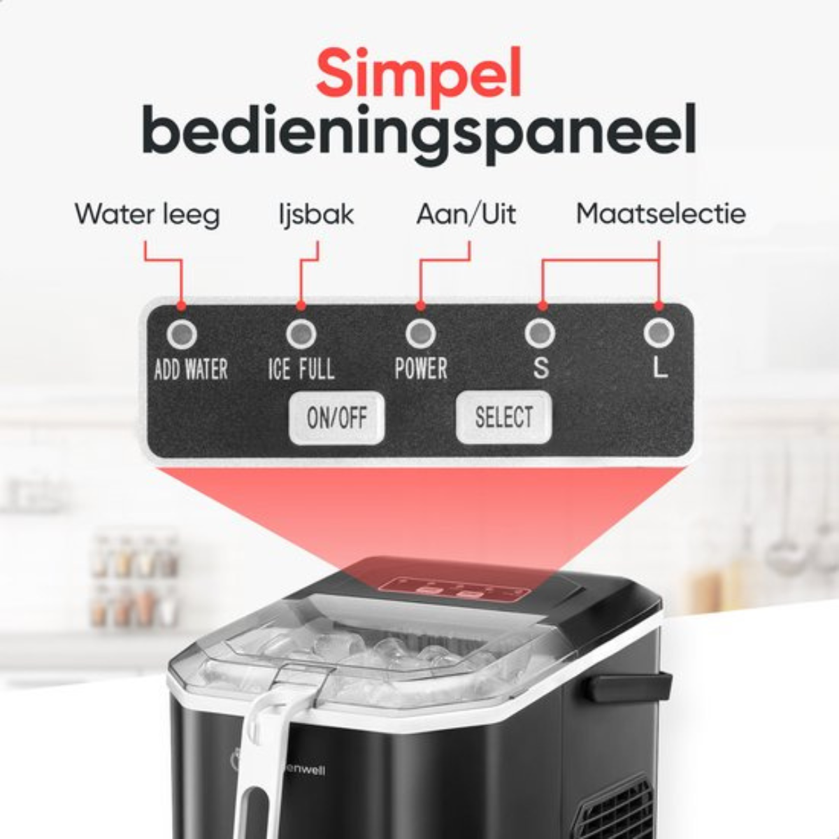 Een bedieningspaneel van een ijsmachine met gelabelde knoppen: water toevoegen, ijs vol, aan/uit en selecteer grootte.