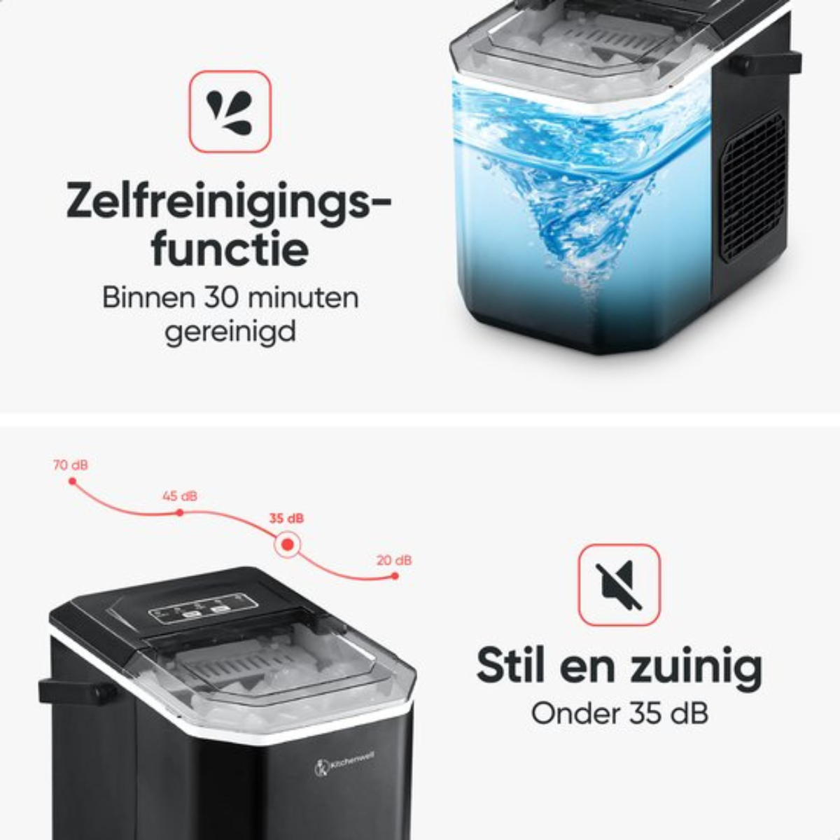 Een ijsmachine die zelfreiniging toont, reiniging in 30 minuten, en stil en zuinig is.