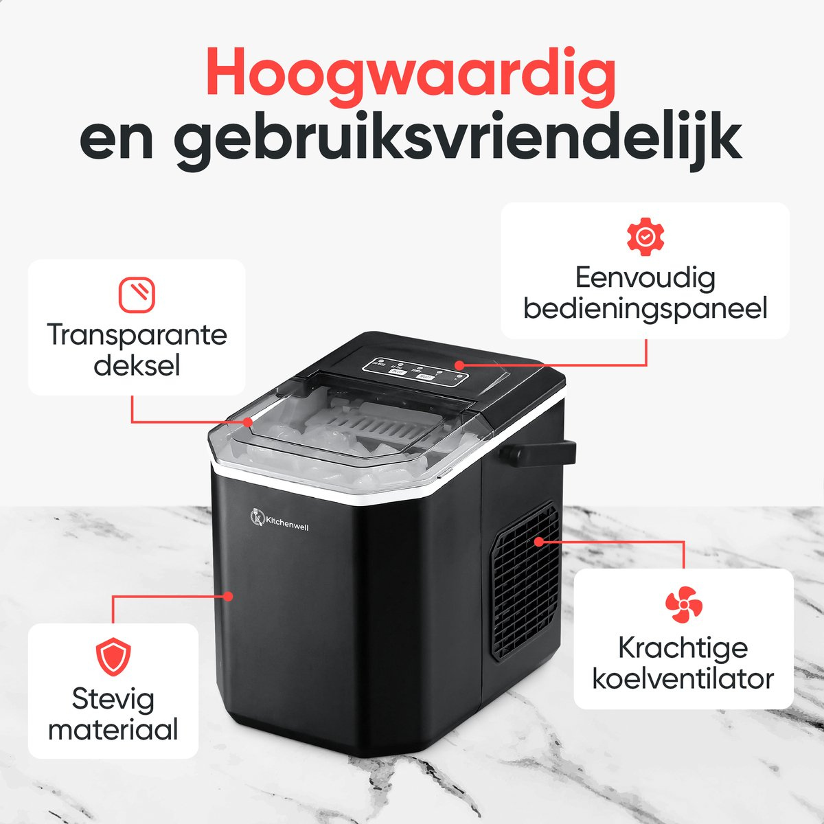 Een ijsmachine die kenmerken benadrukt: transparant deksel, stevig materiaal, eenvoudig bedieningspaneel en koelventilator.