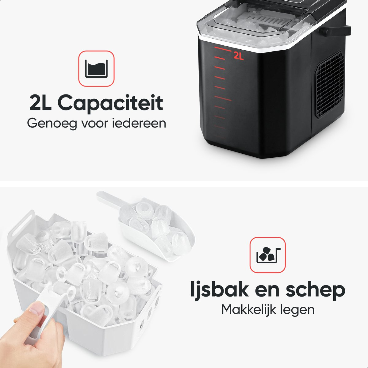 IJsmachine met ijsblokjes, schep en tekst. De machine is zwart en heeft een capaciteit van 2L.