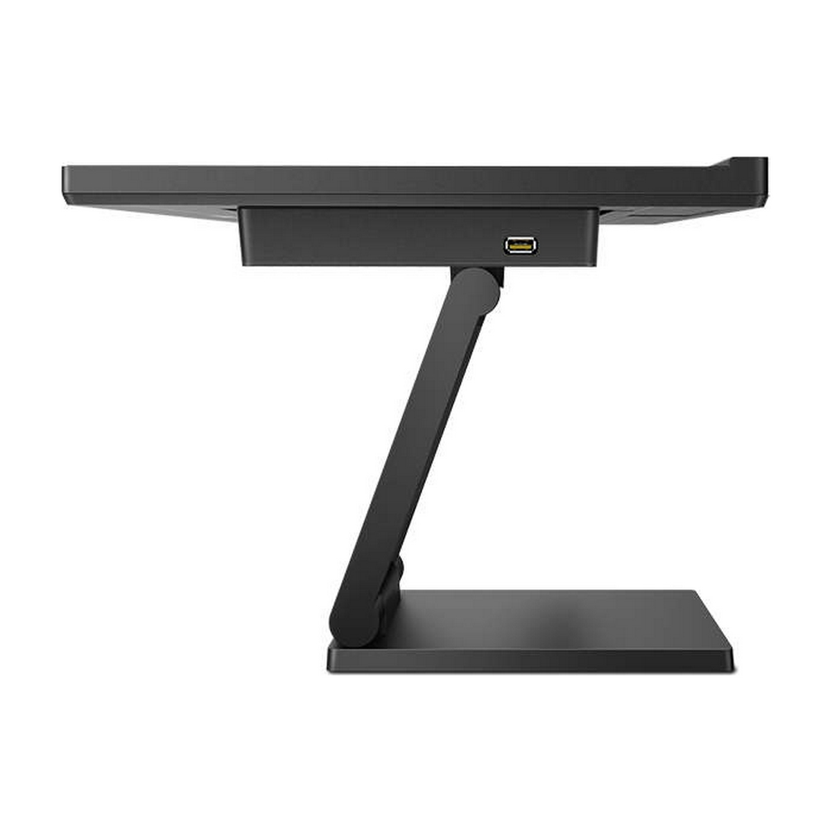 Czarny stojak na laptopa, widok z boku. Ma płaską górę i kątowe podparcie.