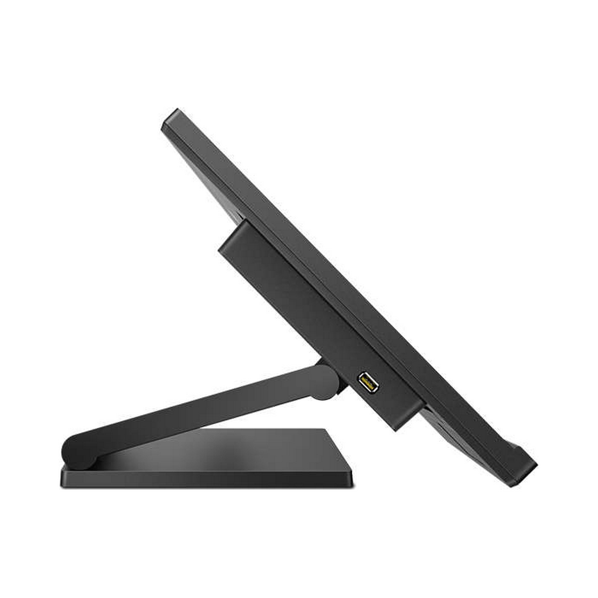 Czarny monitor komputera, widok z boku, pod kątem. Z tyłu znajduje się port USB. Jest na czarnym stojaku.