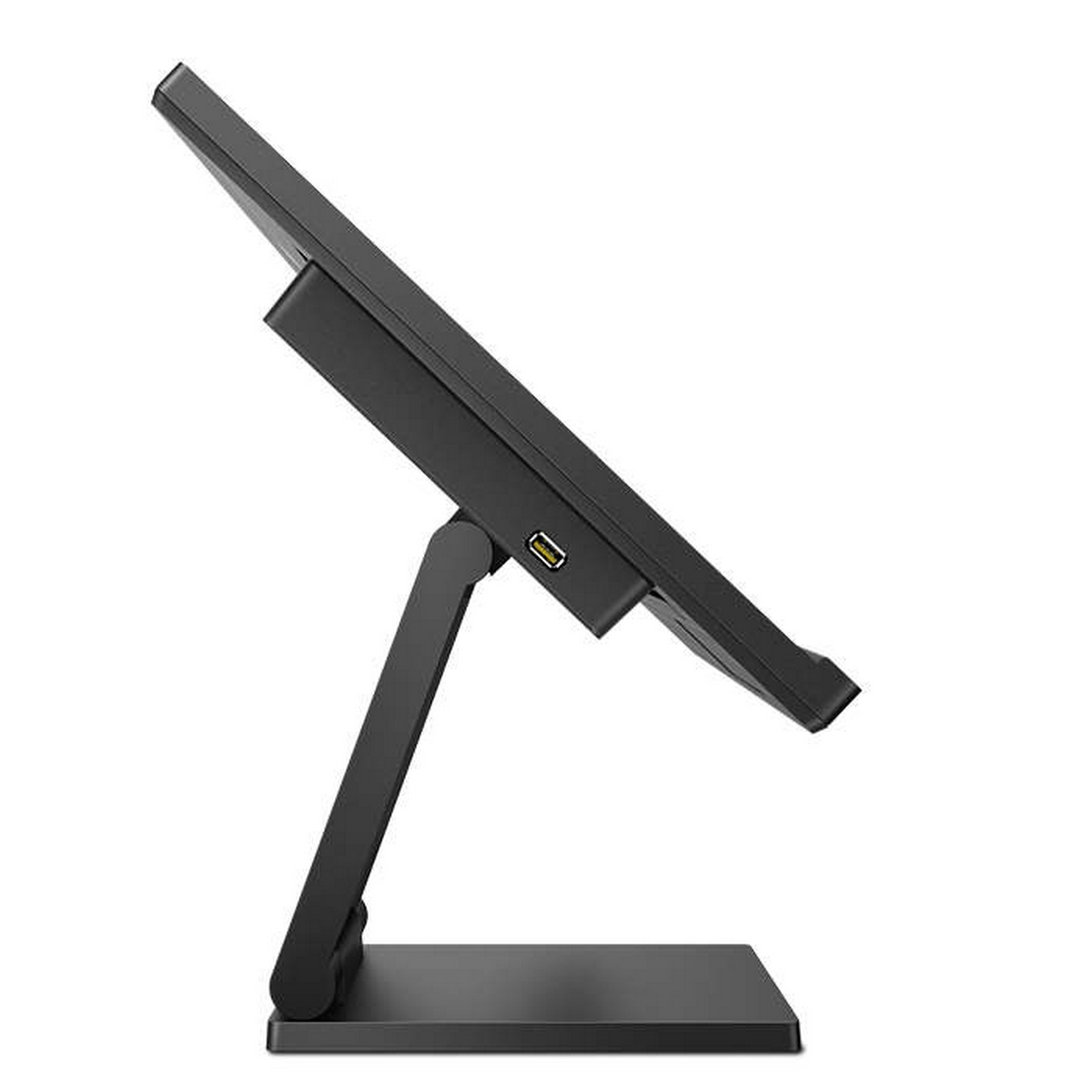 Widok z boku czarnego monitora na stojaku. Ekran jest ustawiony pod kątem. Widoczny port USB.