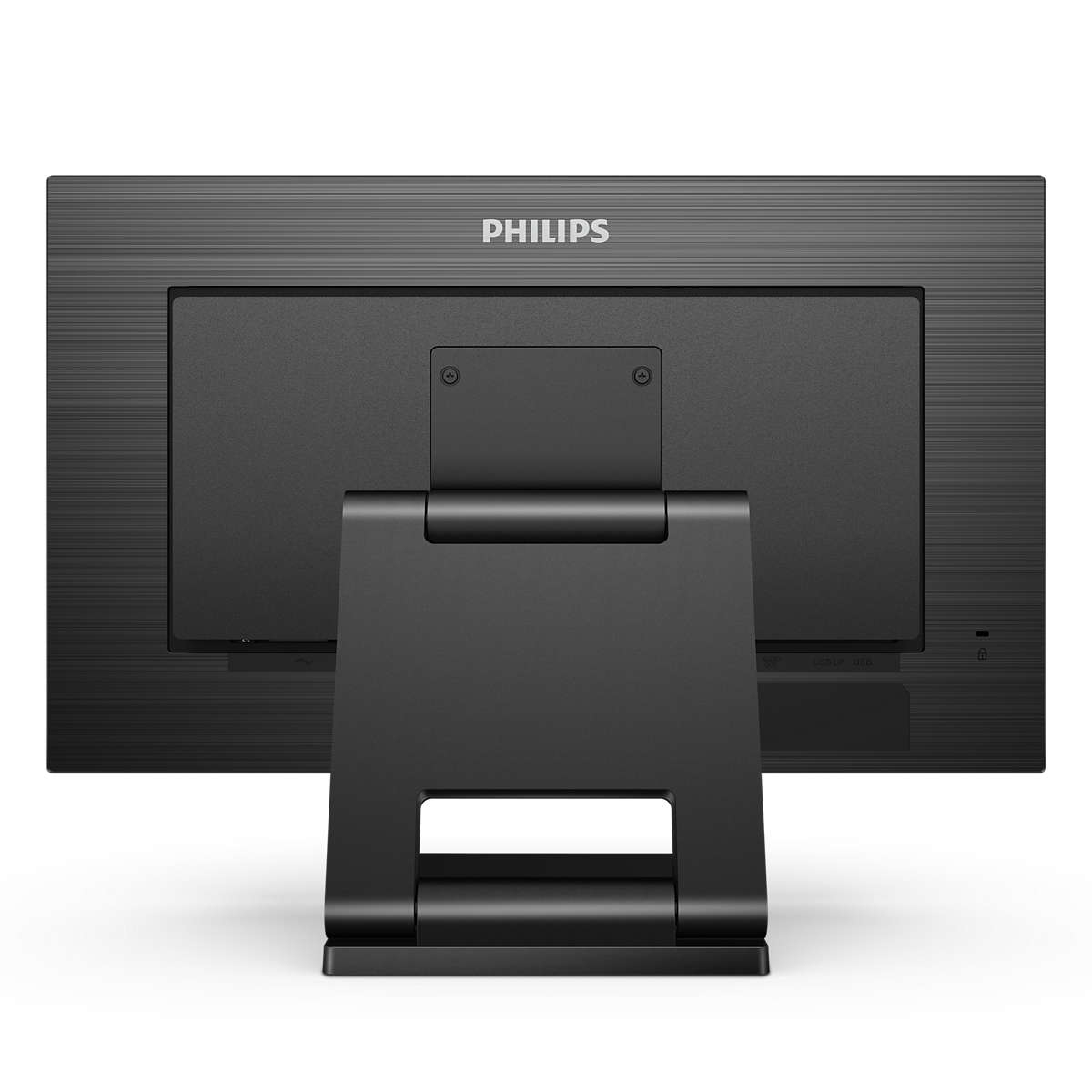 Tył czarnego monitora komputerowego z logo Philips. Stojak również jest czarny.