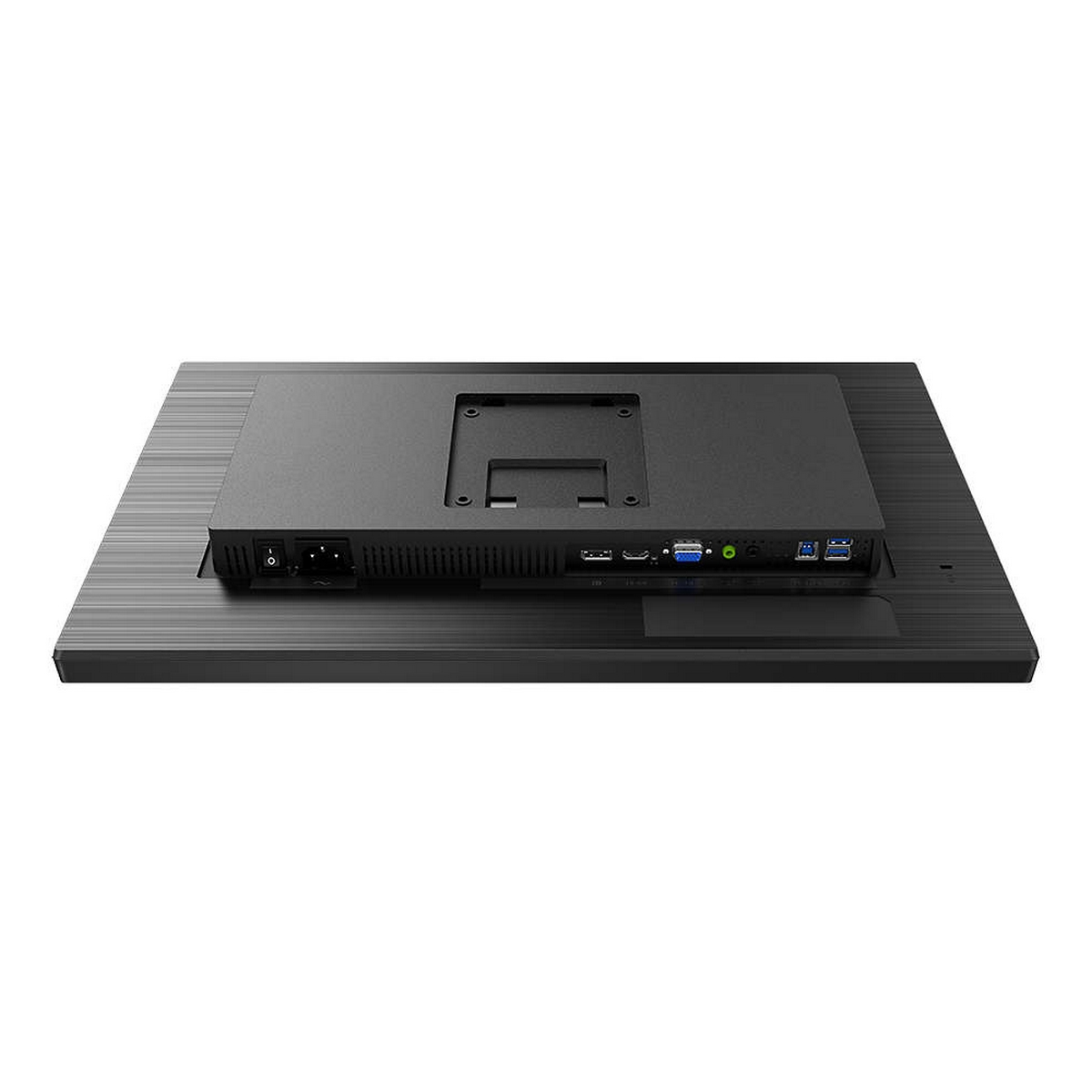 Tył czarnego monitora komputera pokazujący porty, wejście zasilania i mocowanie stojaka.