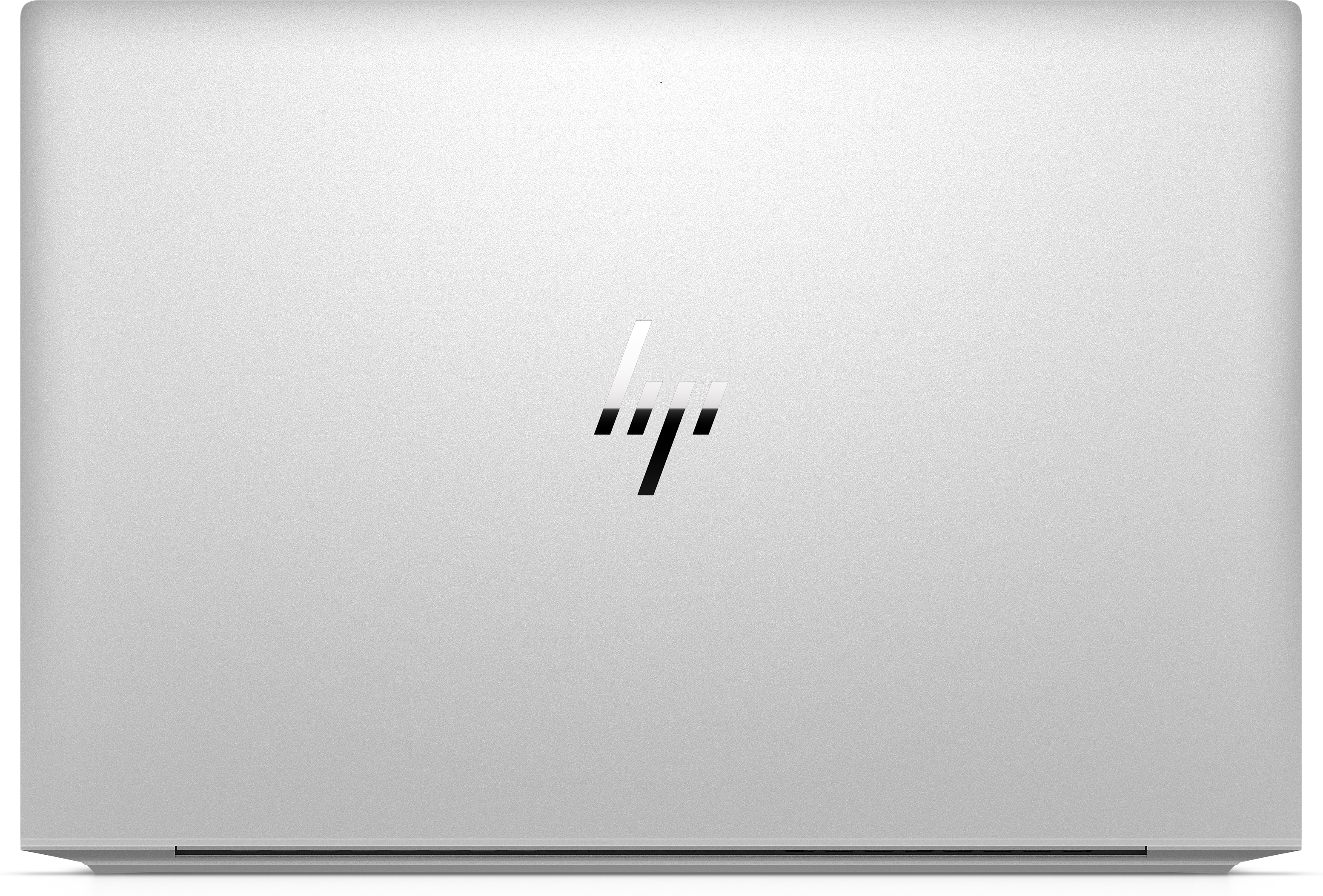 Zilveren laptop gesloten. Het HP-logo staat op de achterkant. Witte achtergrond.
