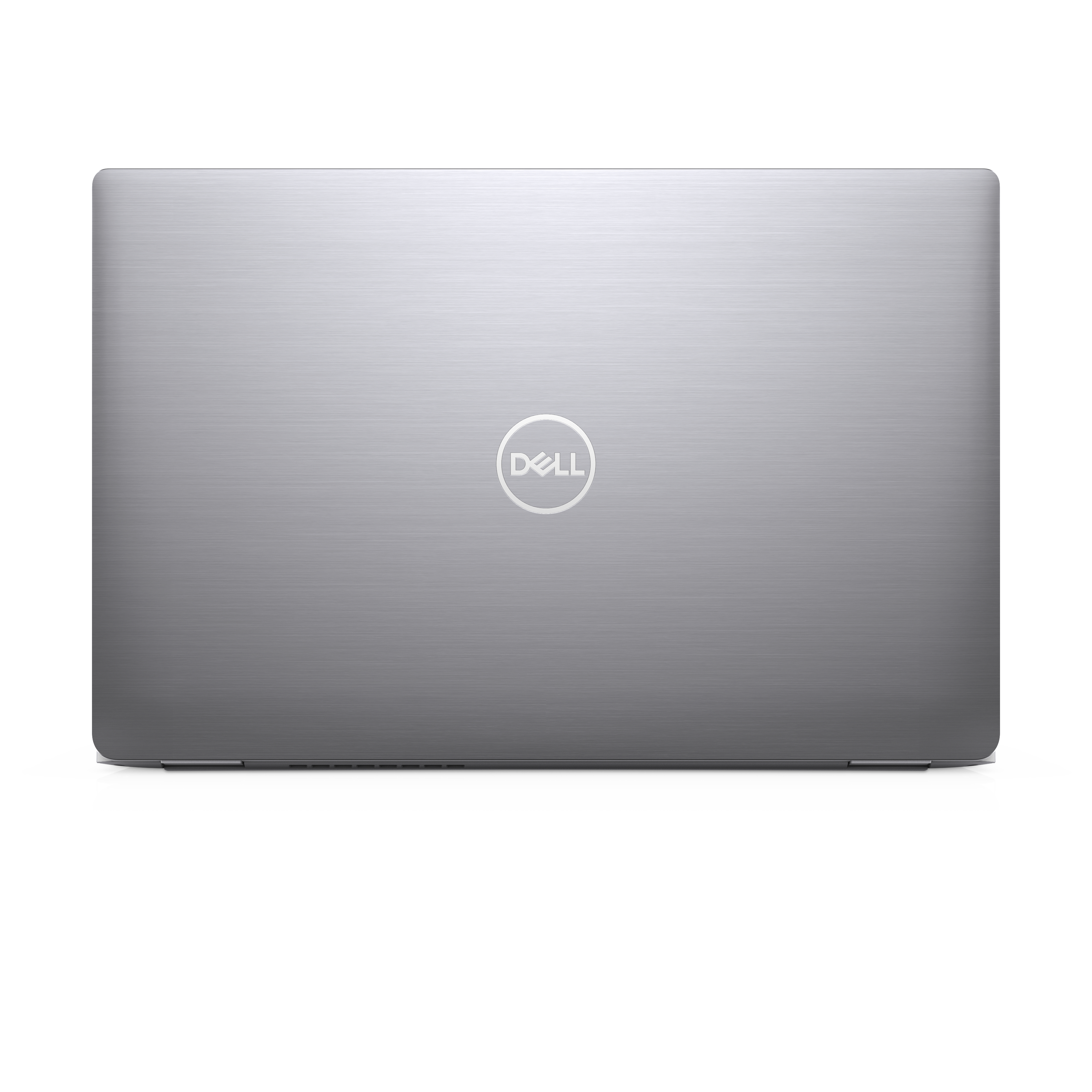 The back of a silver laptop with the Dell logo on a white background.