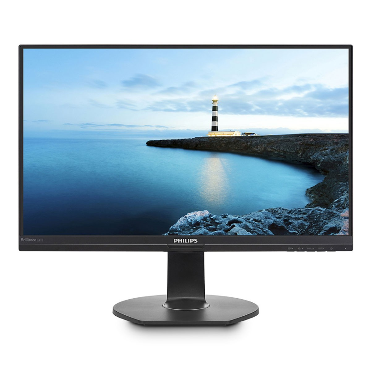 Un monitor de computadora negro con una escena del mar y un faro. El monitor está en un soporte negro.