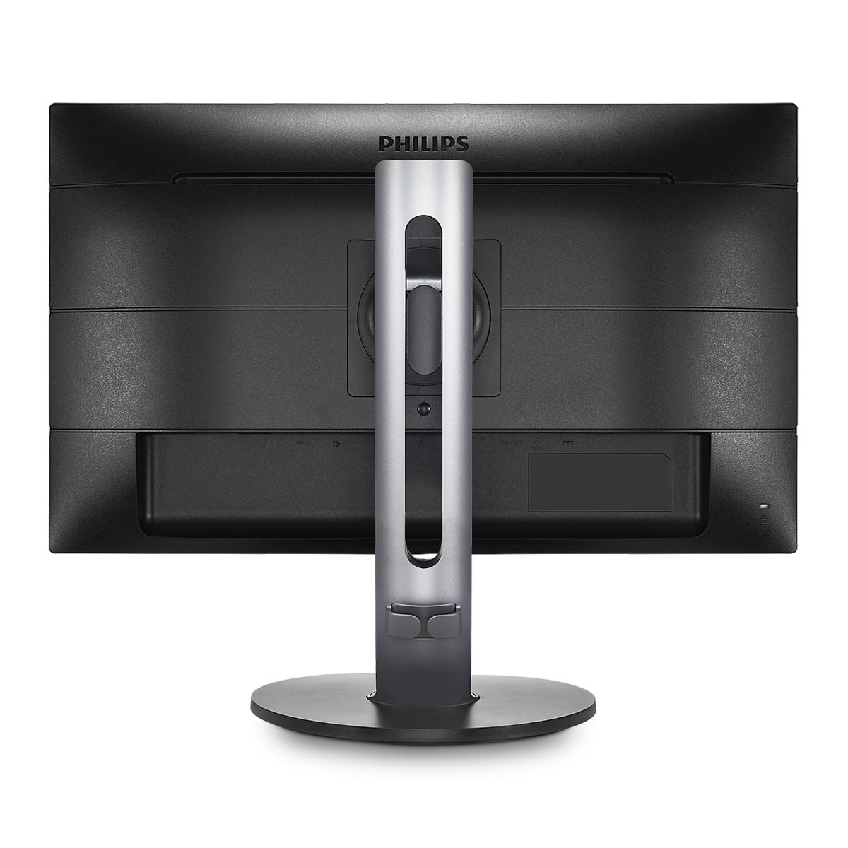 Parte trasera de un monitor Philips, con soporte, sobre fondo blanco.