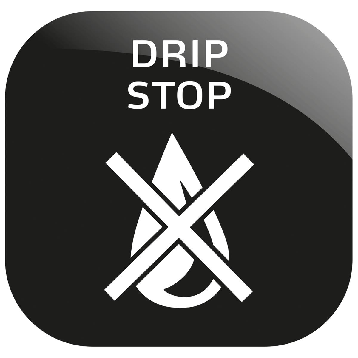 Czarny kwadrat z białym tekstem 'DRIP STOP' i symbolem niekapania.