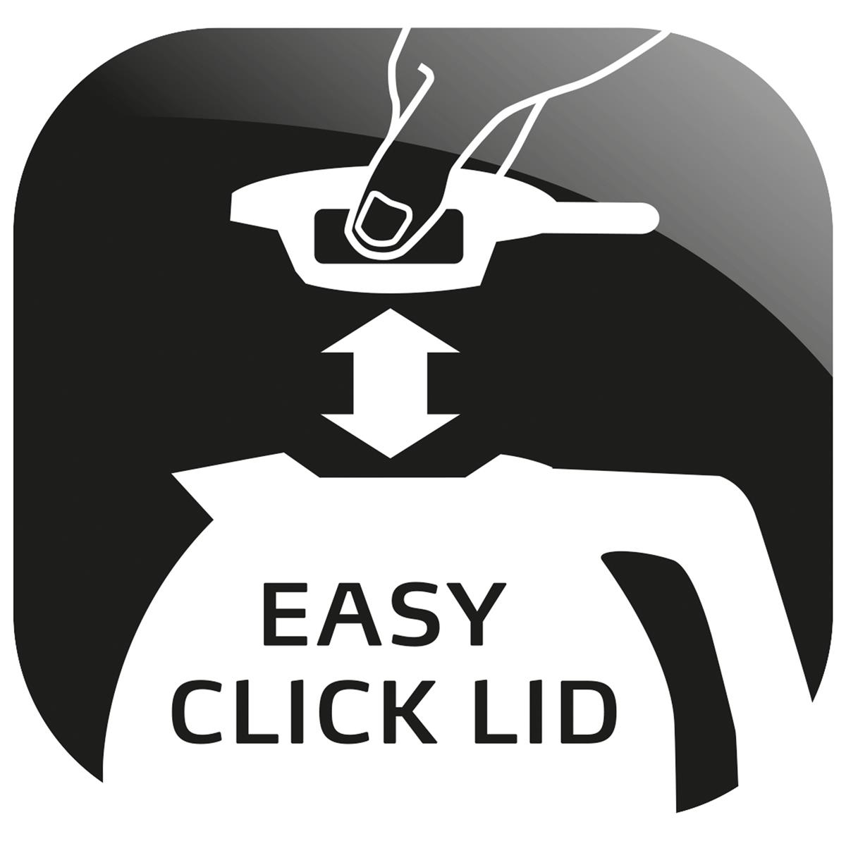 Czarno-biała grafika, pokazująca rękę otwierającą pokrywkę. Tekst: EASY CLICK LID.