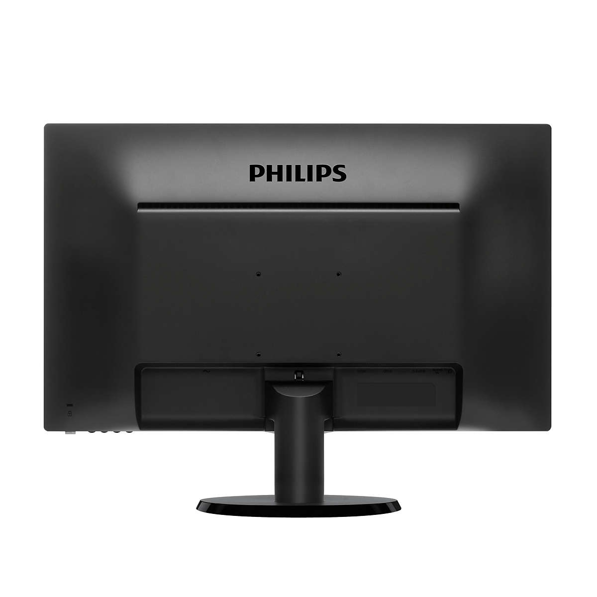 Retro di un monitor Philips nero, che mostra il logo e le porte, isolato su bianco.