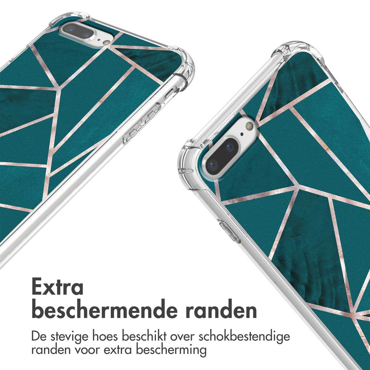 Coques de téléphone. Motif géométrique turquoise avec lignes dorées. Texte : Bords extra protecteurs.