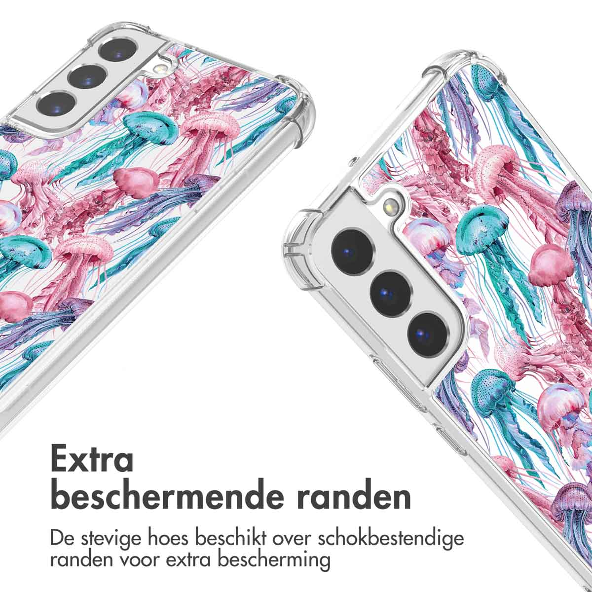 Twee telefoonhoesjes met een patroon van kwallen. Duidelijke randen, close-up.