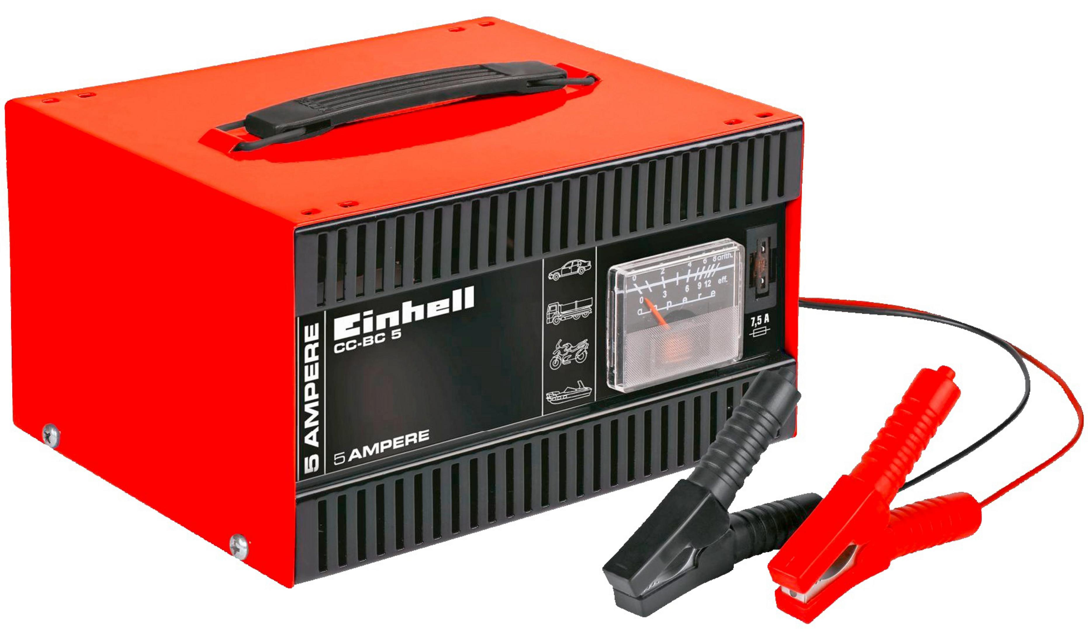Rotes und schwarzes Autobatterieladegerät mit Griff und Anzeige.