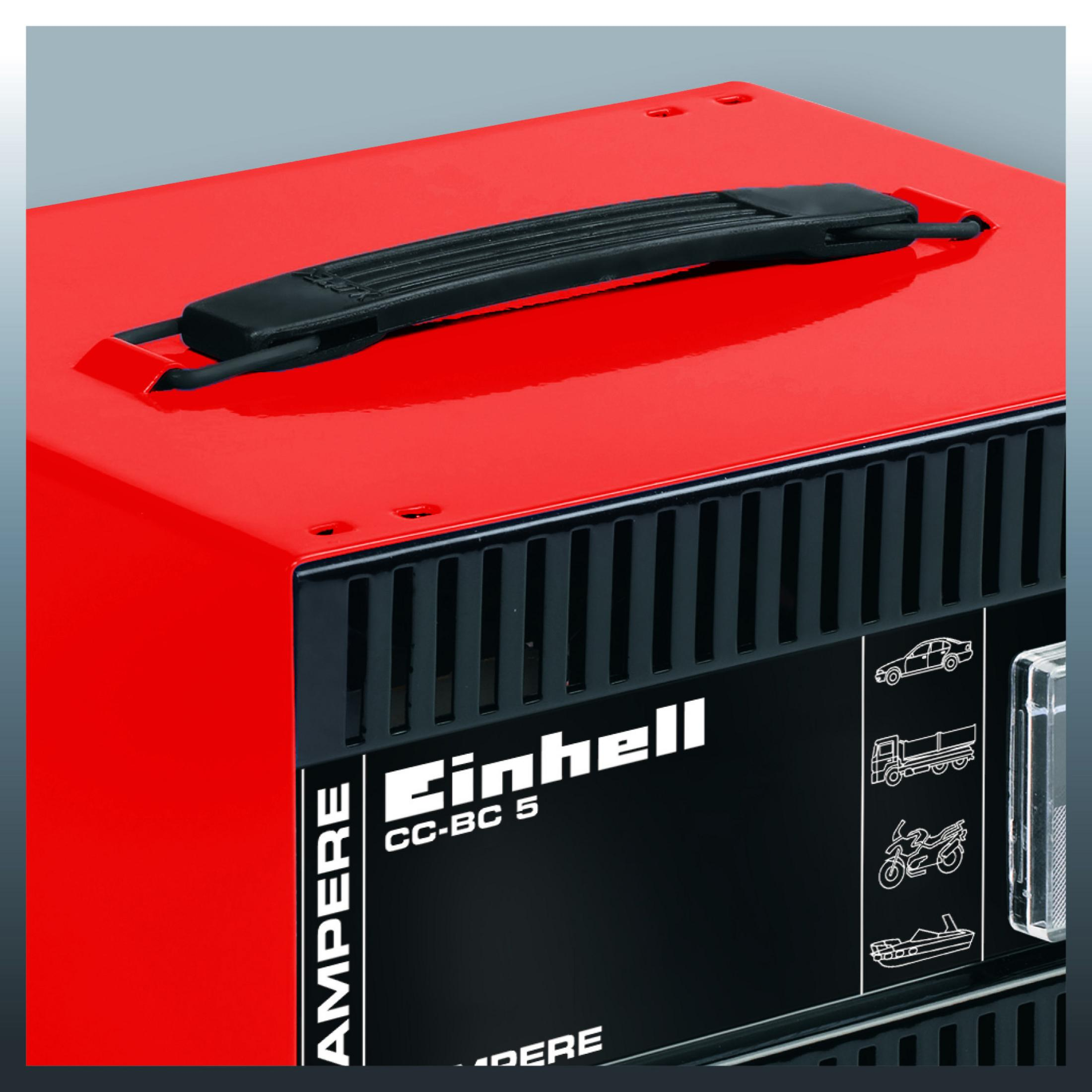 Rotes Batterieladegerät mit schwarzem Griff und schwarzer Blende. Die Blende hat das Einhell-Logo und Symbole.