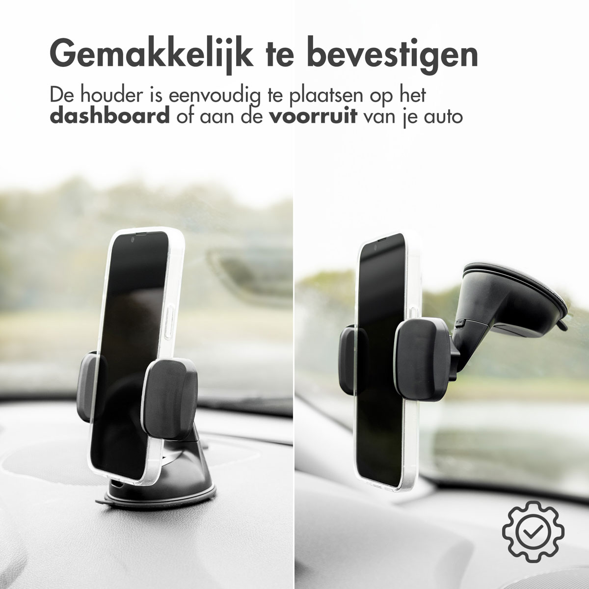 Two phones in a car mount. One phone is on the dashboard and the other on the windshield.