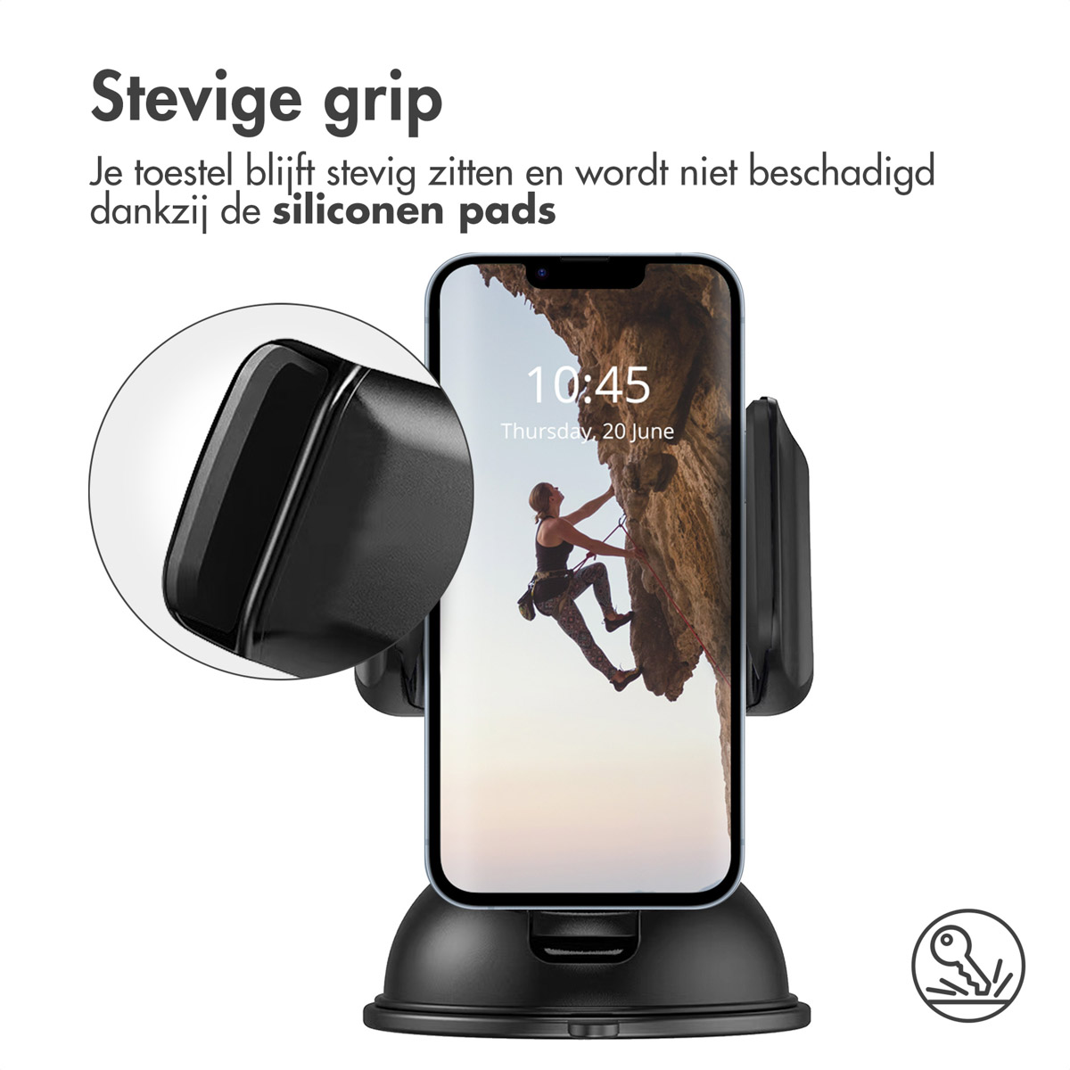 A phone in a car mount with a climber image on the screen, with silicone pads visible.