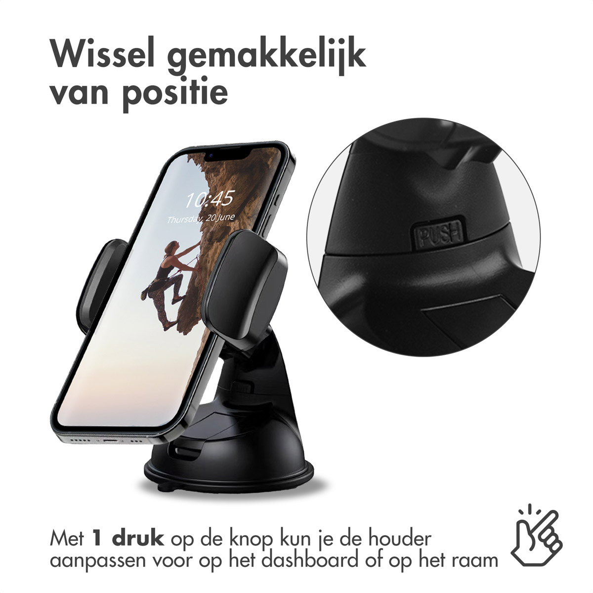 Black phone holder with a phone displaying a map. The holder is on a dashboard.