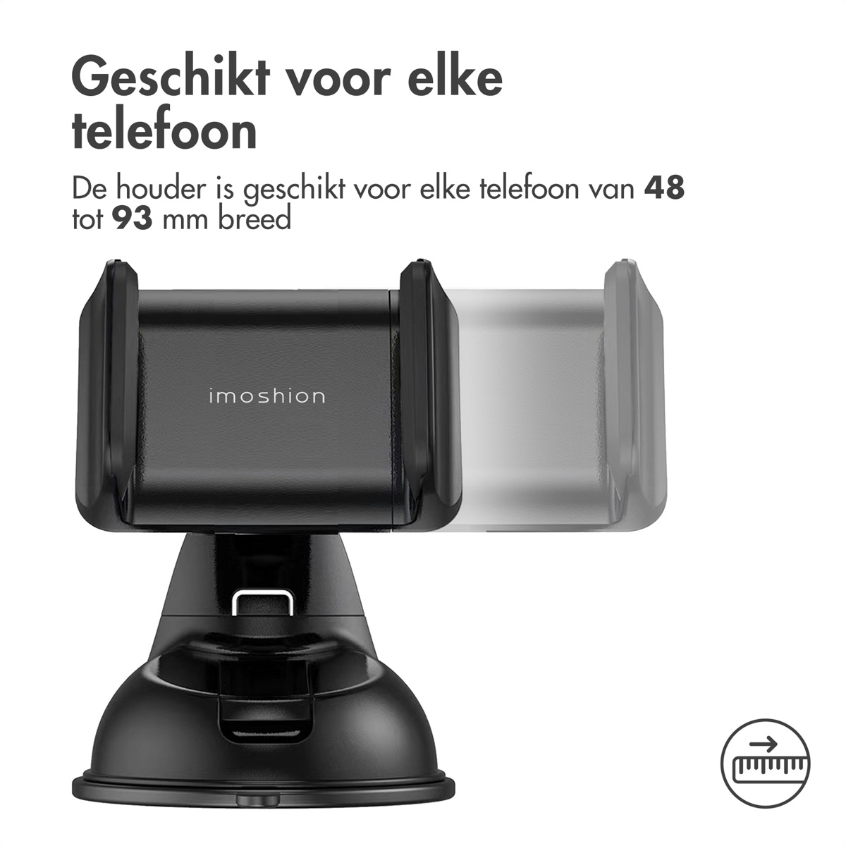 Black phone mount for the car with a suction cup, and the text "imoshion".