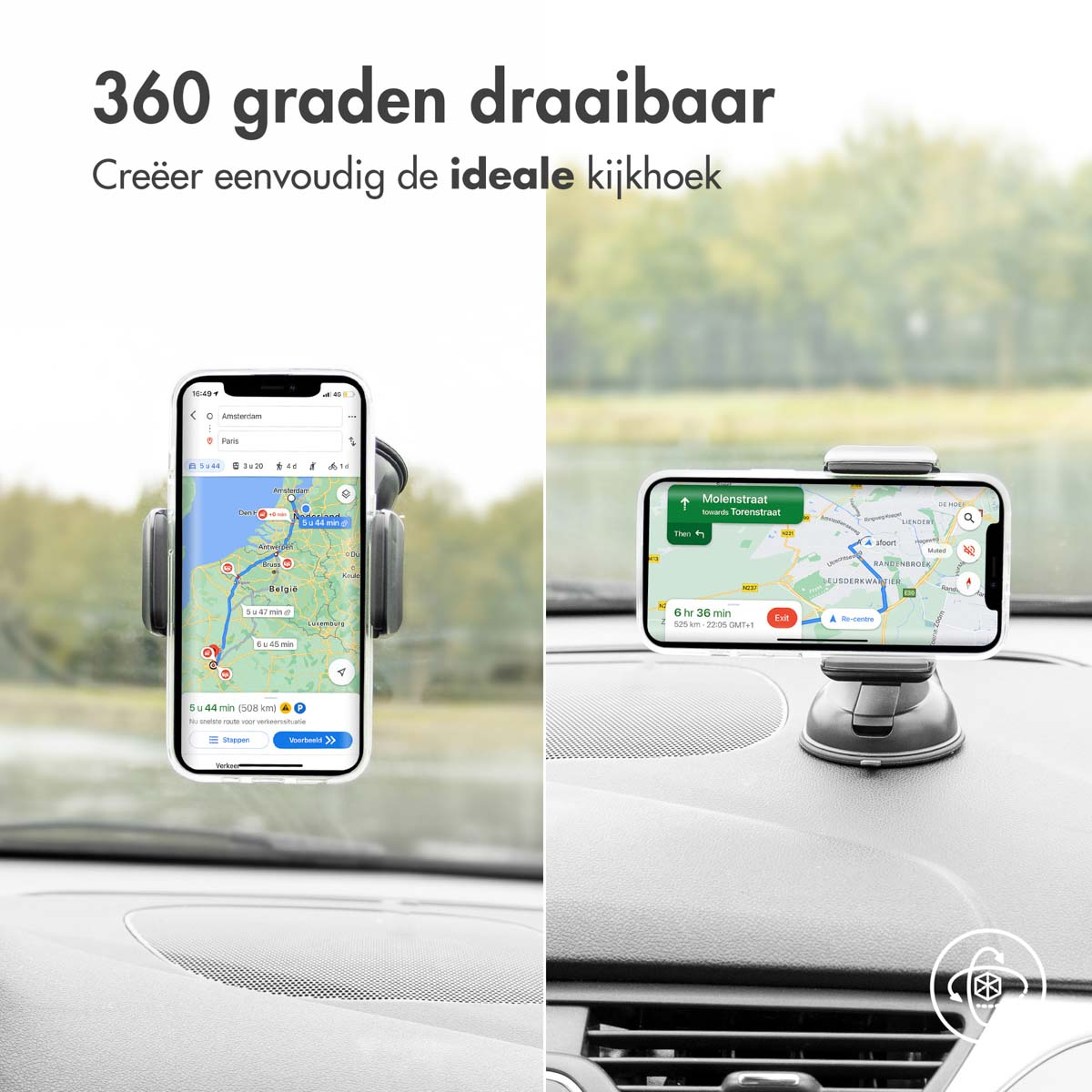 Two phones mounted on a car dashboard, displaying a navigation map. White background.