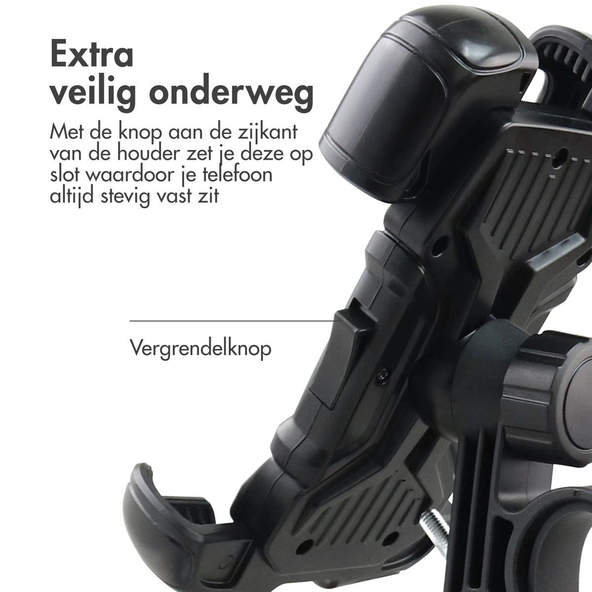 A black phone holder with a locking button. The phone holder is mounted on a car dashboard.