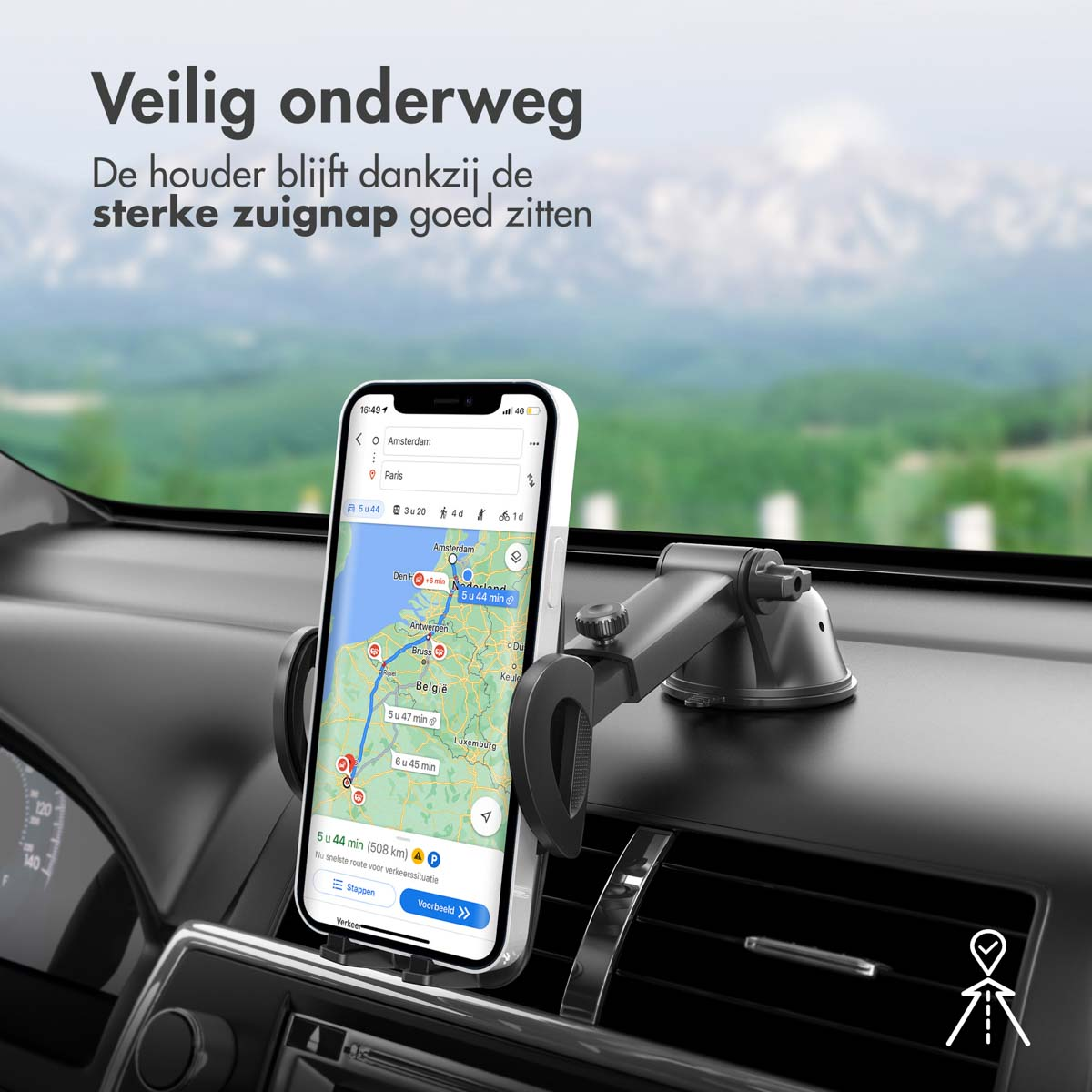 A phone in a car phone holder on a dashboard. The phone shows a navigation map.