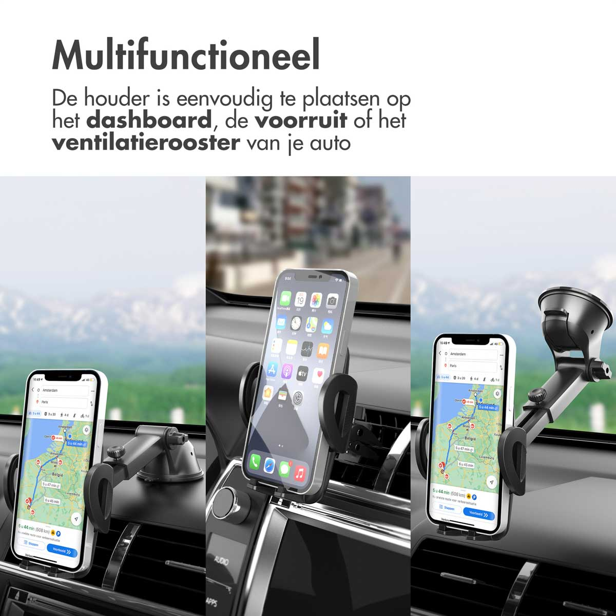 Multiple car phone holders. Phones show maps. Black holders on dashboards. One holder mounted on the vent. 