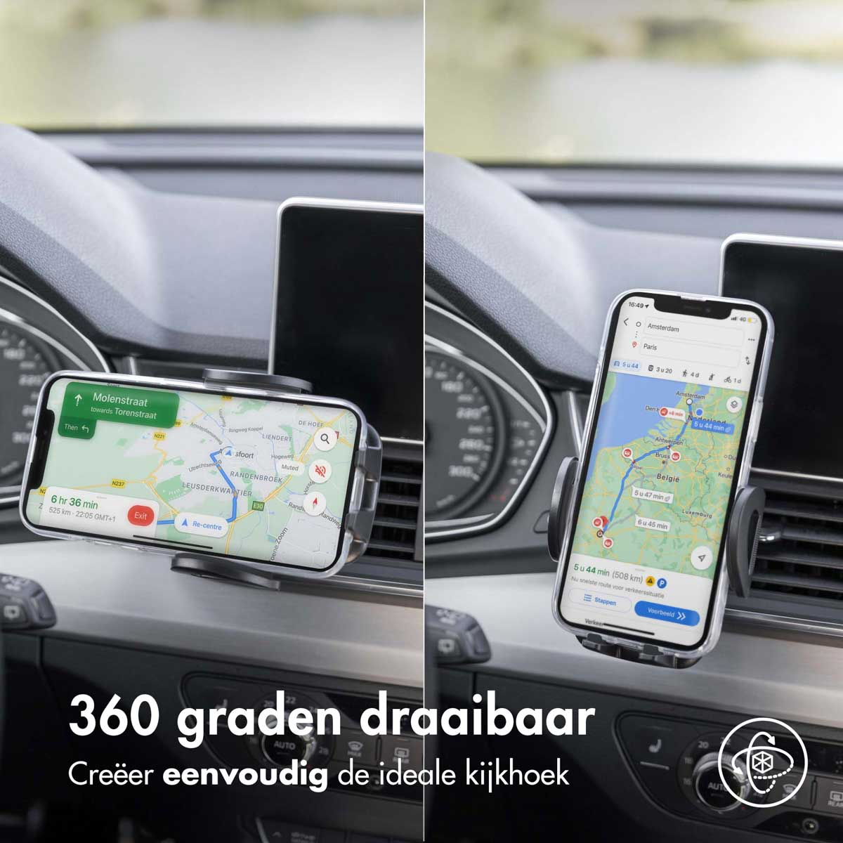 Phone in car mount displays navigation app. Two images, showing different navigation views on the phone.