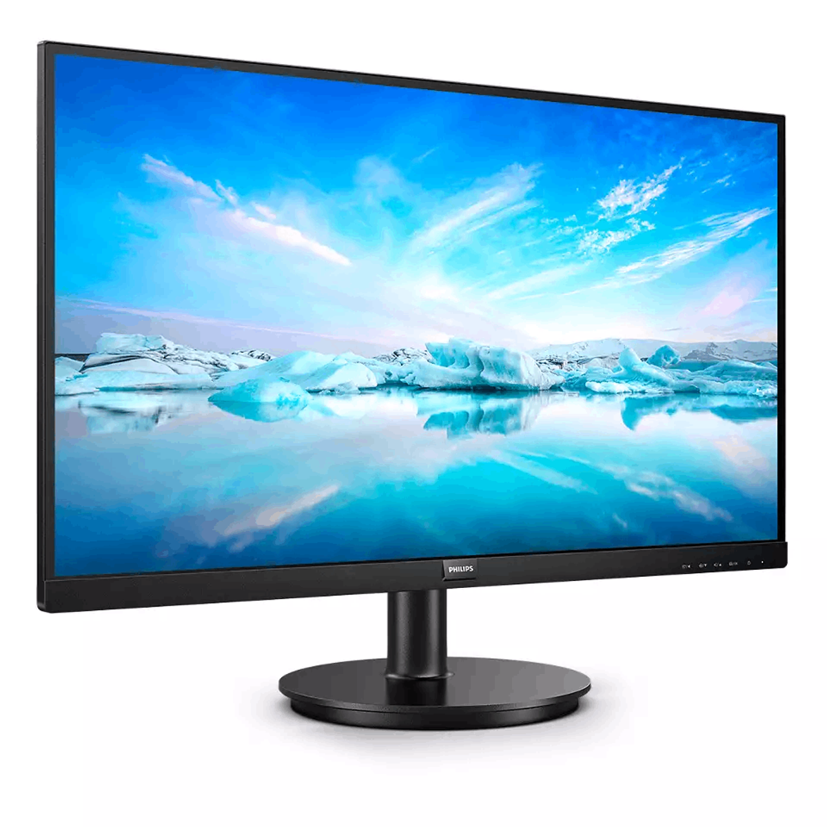 Un monitor Philips che mostra una scena di cielo blu e acqua su sfondo bianco.