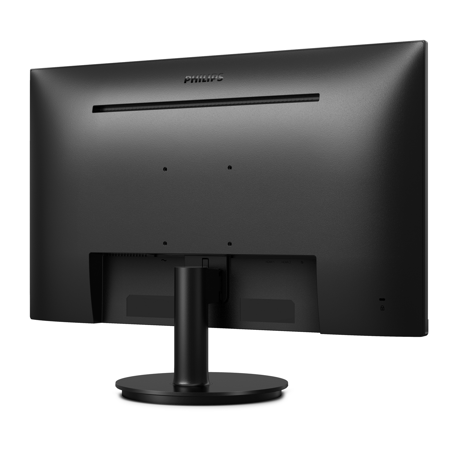 Monitor per computer nero con supporto, vista posteriore.