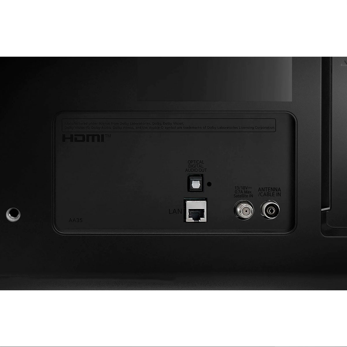 Czarny tylny panel telewizora, z HDMI, LAN, audio optycznym, anteną i innymi portami.