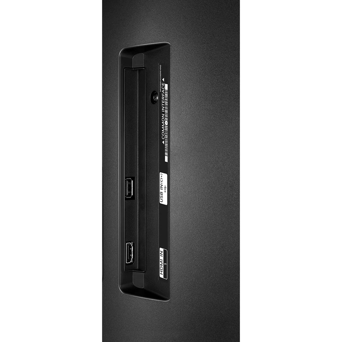 Zbliżenie portów TV: HDMI, USB, interfejs wspólny. Czarne tło.