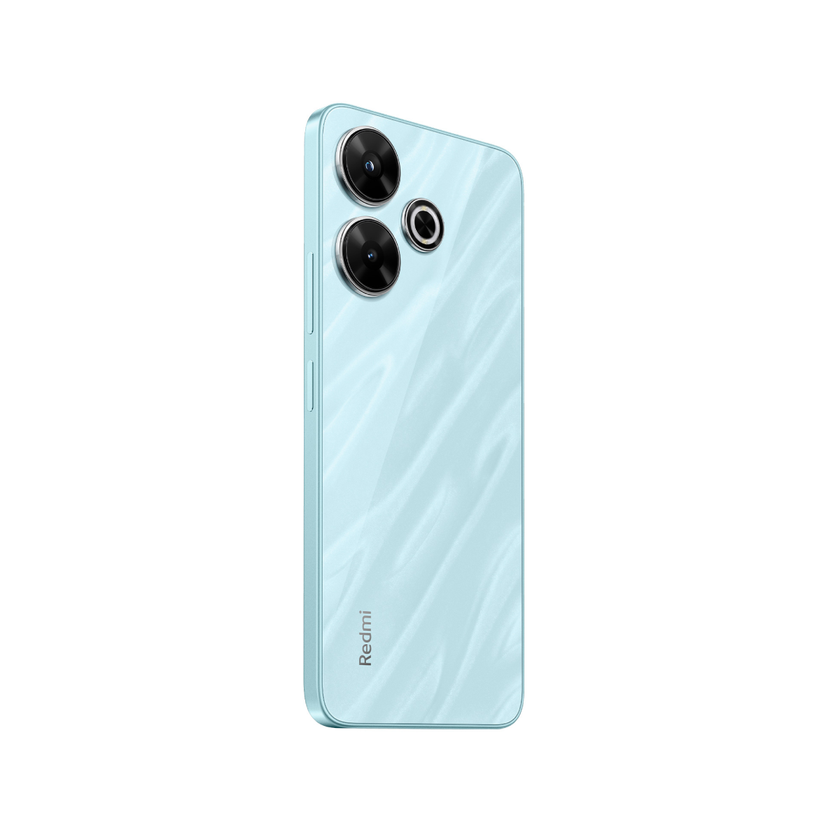 Retro telefono azzurro con due fotocamere e sensore fotocamera, logo Redmi, sfondo bianco.