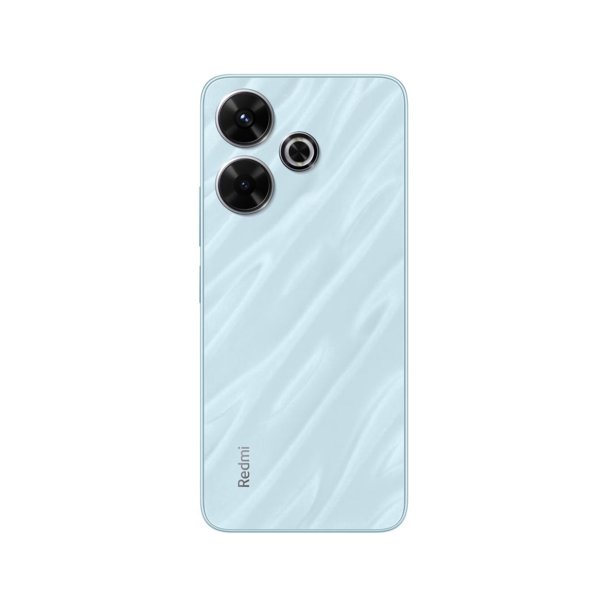Un telefono azzurro con tre fotocamere sul retro.