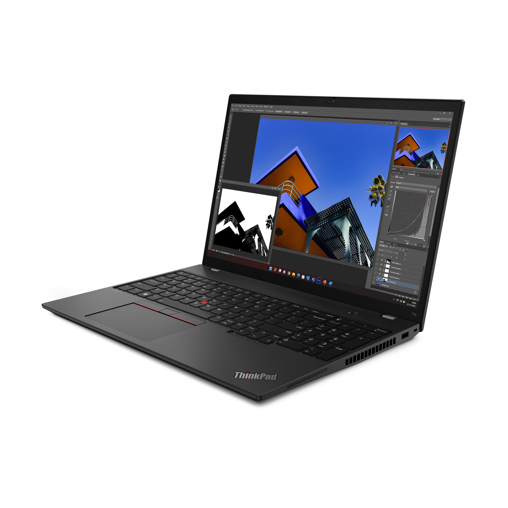 Czarny laptop ThinkPad z otwartym ekranem, pokazujący projekt.